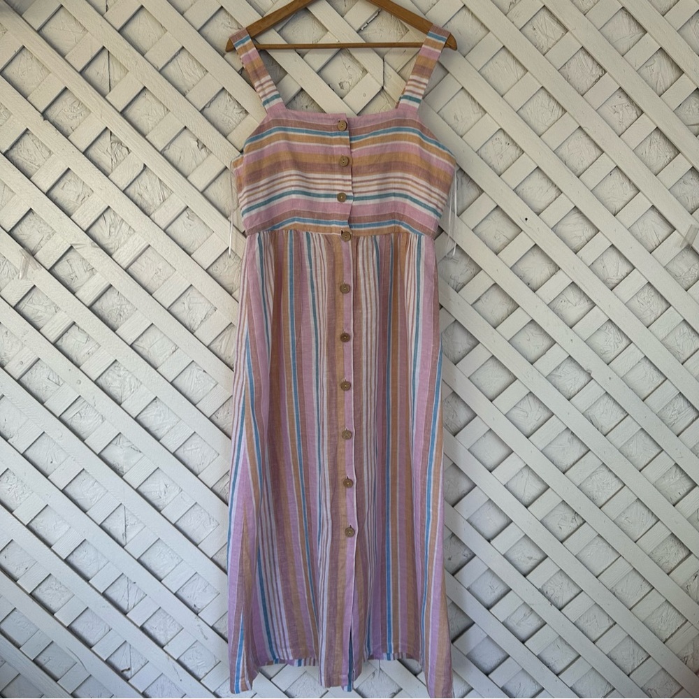 C&C California Linen Dress Pink Stripe Sleeveless Midi Dress Size 8
